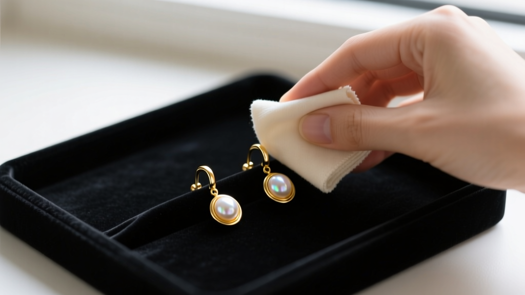 Hands gently wiping 14k gold and pearl drop earrings with a soft microfiber cloth on a dark velvet jewelry tray