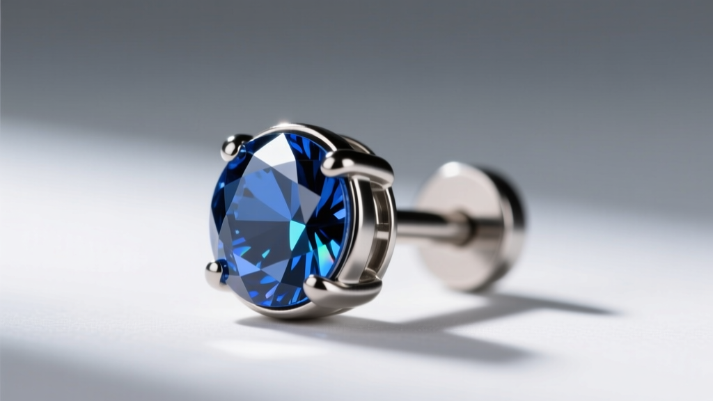 Macro close-up of an ASTM F136 titanium flat back labret earring with a 16-gauge post and a bezel-set sapphire gemstone top.