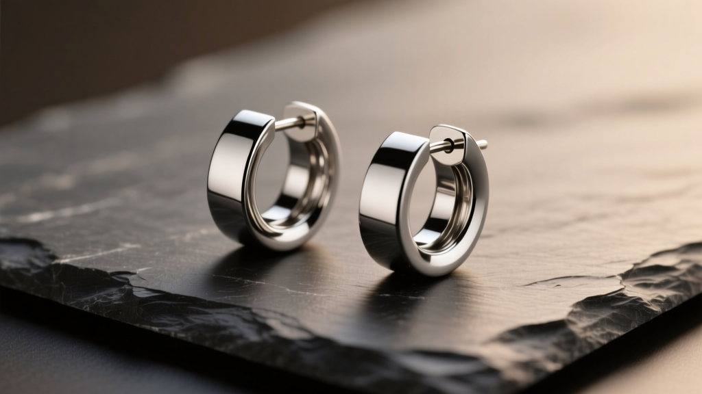 Polished implant-grade titanium double flare tunnel earring resting on dark slate surface with soft directional lighting.
