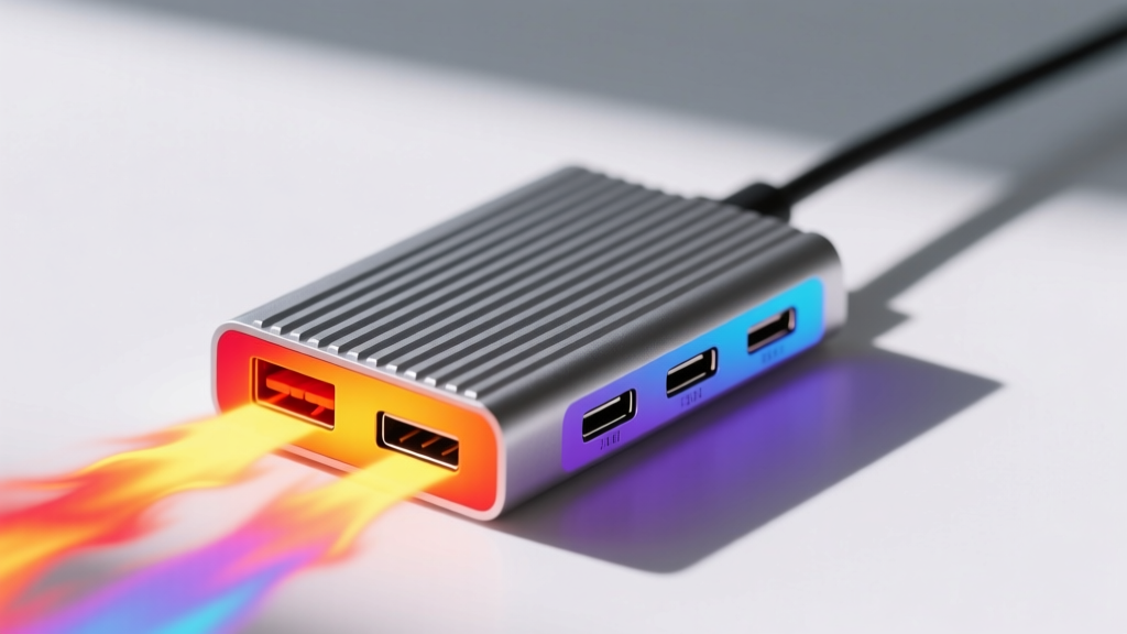 Infrared thermal camera style graphic showing heat dissipation on a ribbed aluminum USB-C multi-port adapter under heavy data transfer load