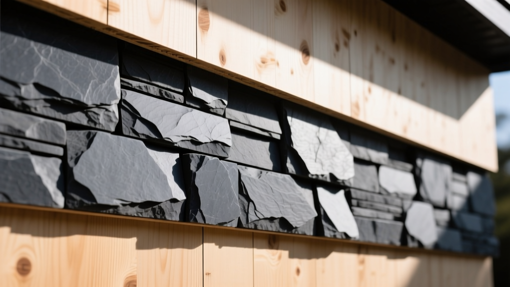 Mortarless stacked stone veneer siding panels in charcoal slate interlocking on plywood substrate with exposed weather barrier