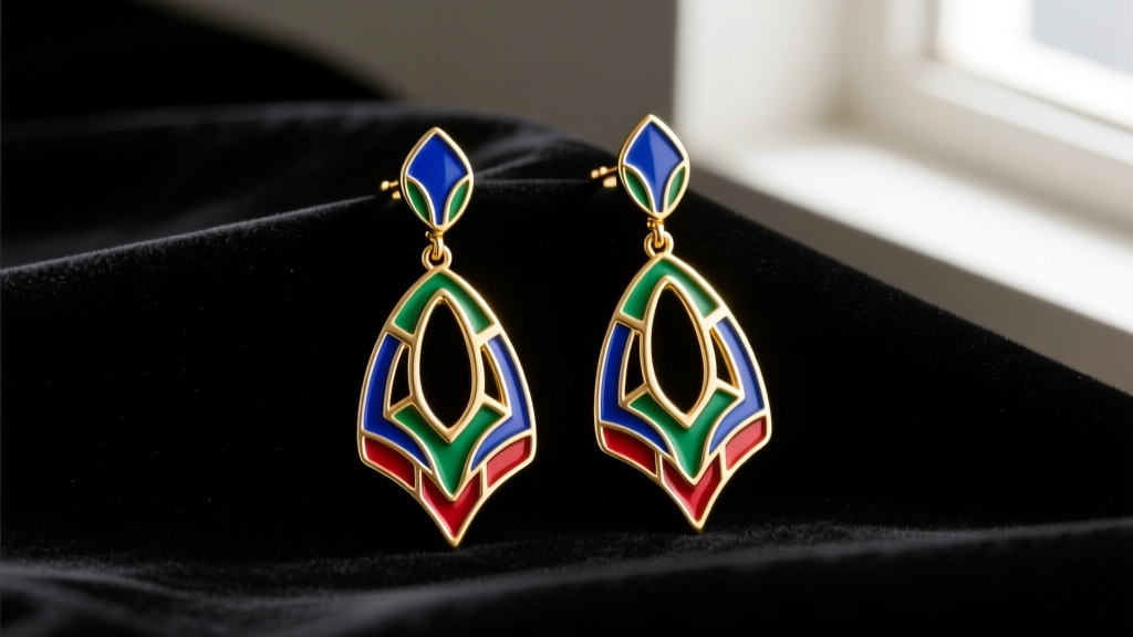 Heavy gold-tone House of Harlow 1960 statement drop earrings resting on dark velvet, highlighting intricate art deco enamel details