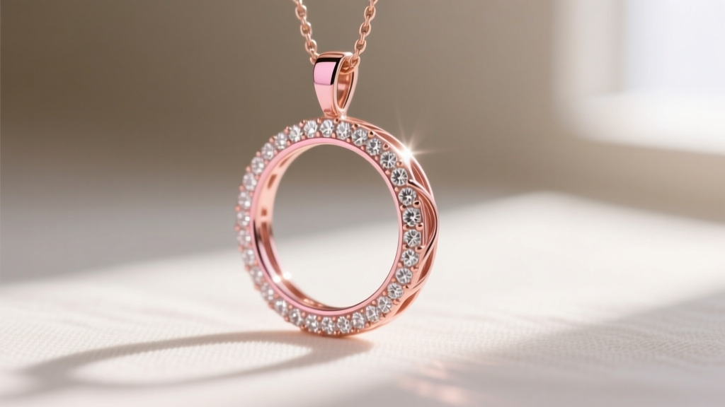 Side profile of a rose gold halo pendant highlighting the pink hue and intricate gallery wire beneath micro-pave diamond stones