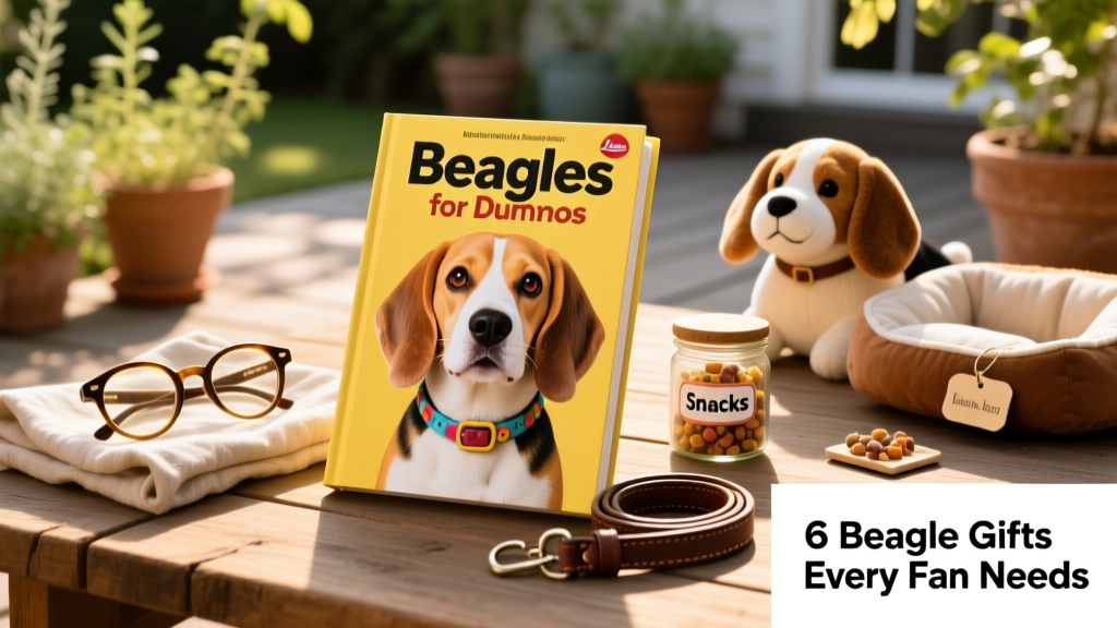 A softcover book titled 'Beagles for Dummies' with a friendly Beagle on the cover, displayed next to a pair of reading glasses and a leash