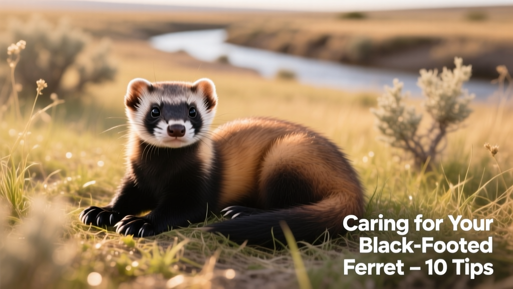 A black-footed ferret in its natural prairie habitat, photographed in conservation setting