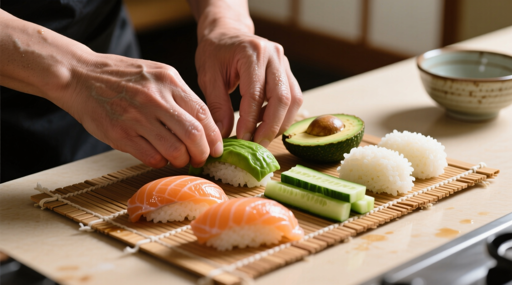 Hands preparing sushi ingredients on bamboo mat