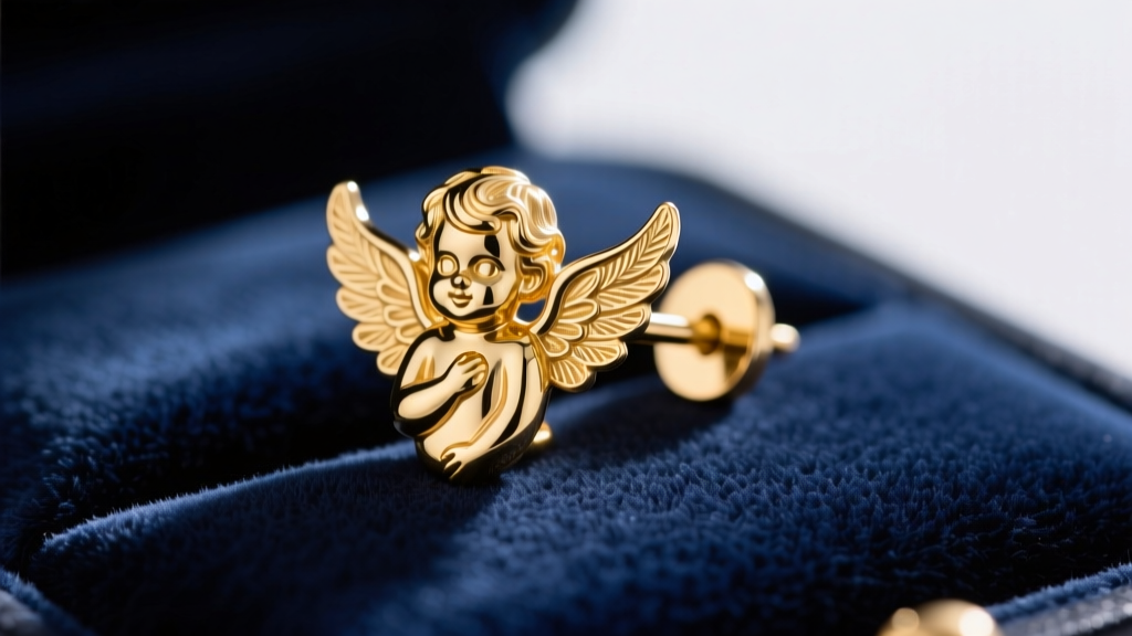 Close-up of 14k solid gold cherub stud earrings on velvet, highlighting intricate wing detailing and a thick laser-welded post.