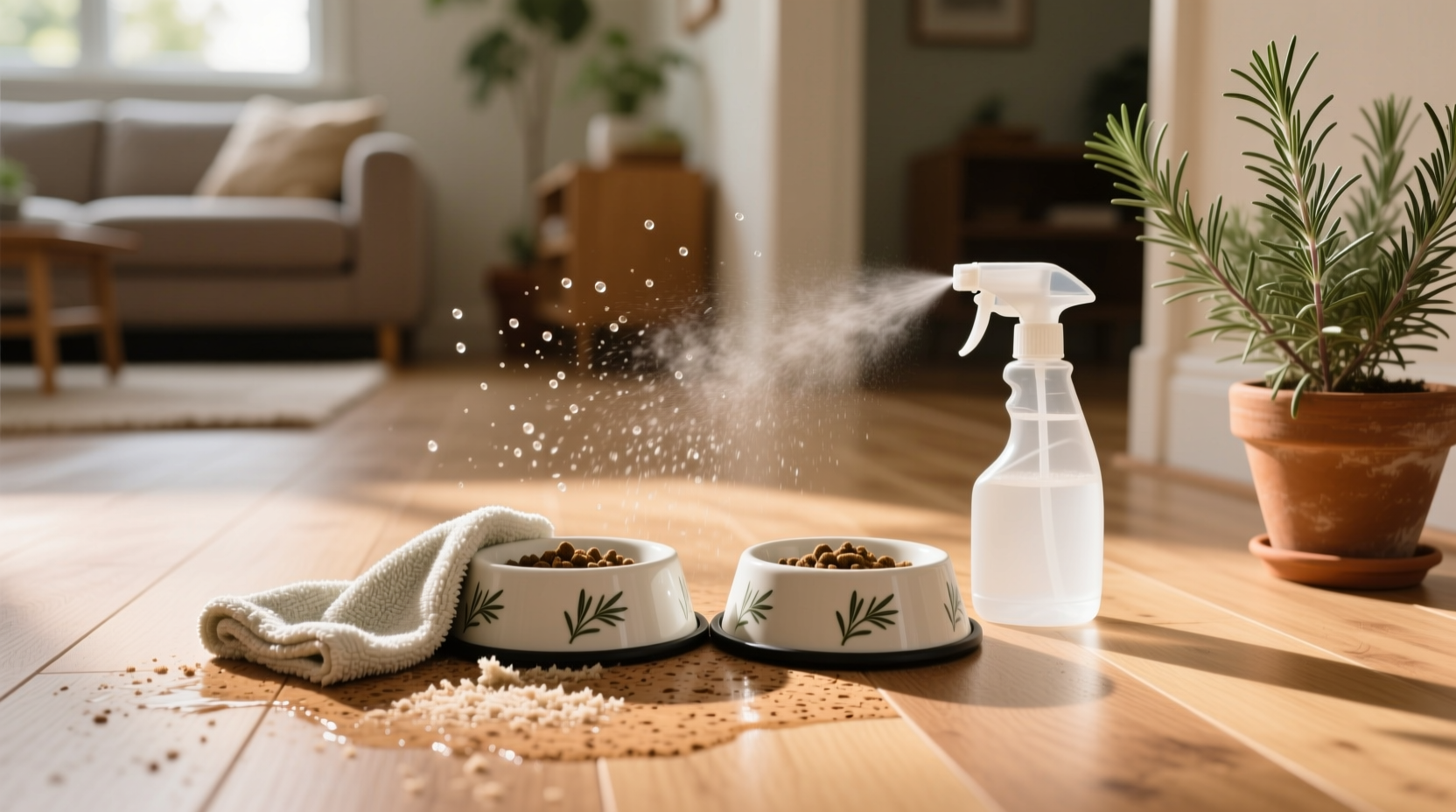 eco friendly cork floor cleaning around pet bowls