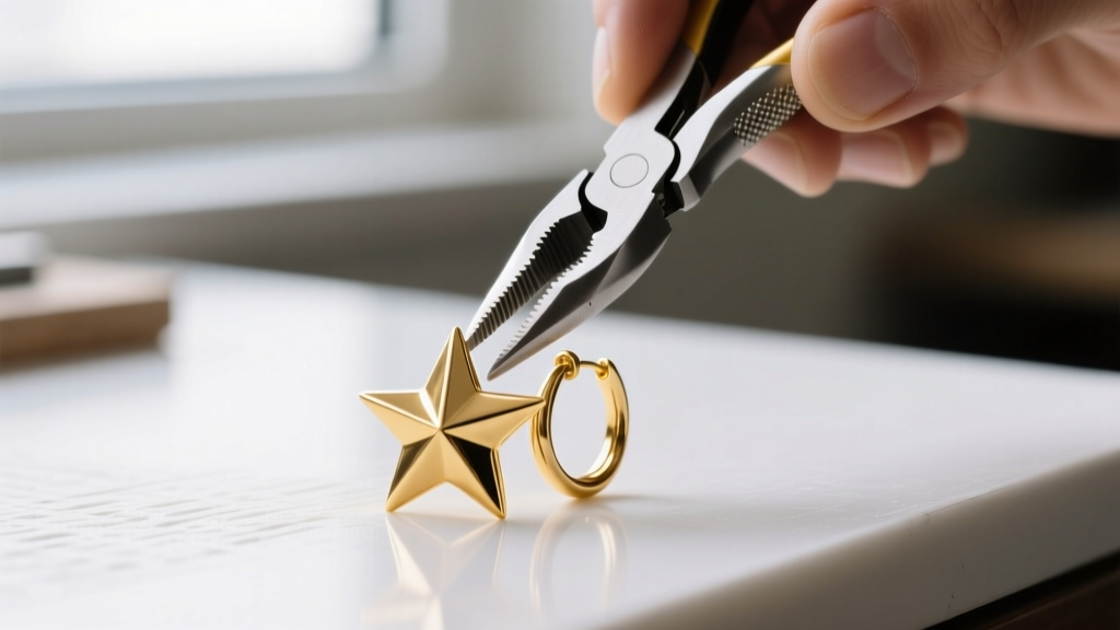 Jeweler using nylon jaw pliers to gently reshape a bent 18k gold star point on a hoop earring against a clean white workbench