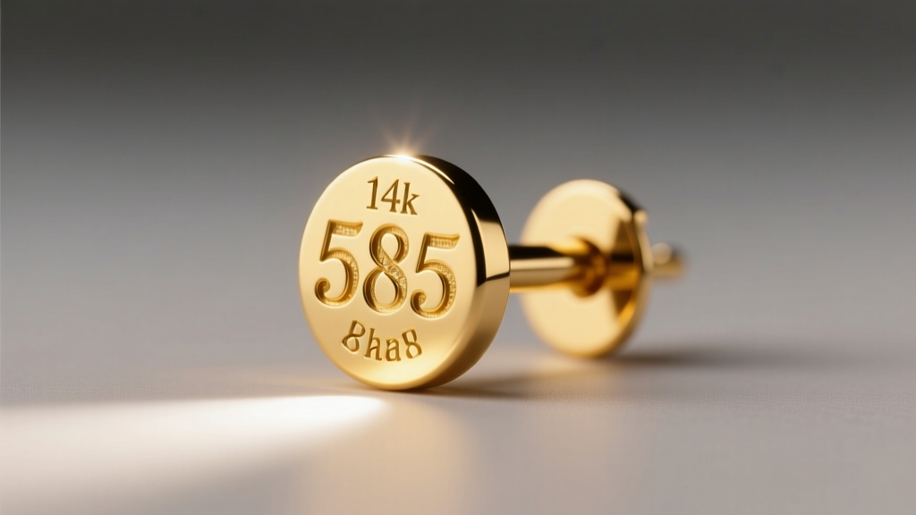 Macro shot of a 14k yellow gold earring post showing the 585 hallmark stamp, illuminated by a bright jeweler's loupe light.