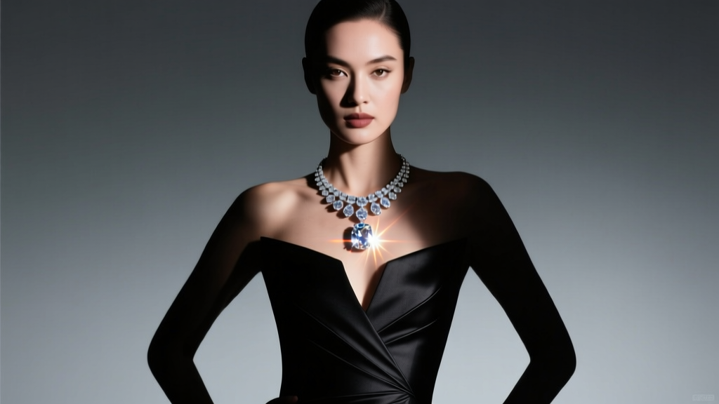 Elegant woman in modern evening wear showcasing a large diamond pendant necklace under dramatic chiaroscuro studio lighting.