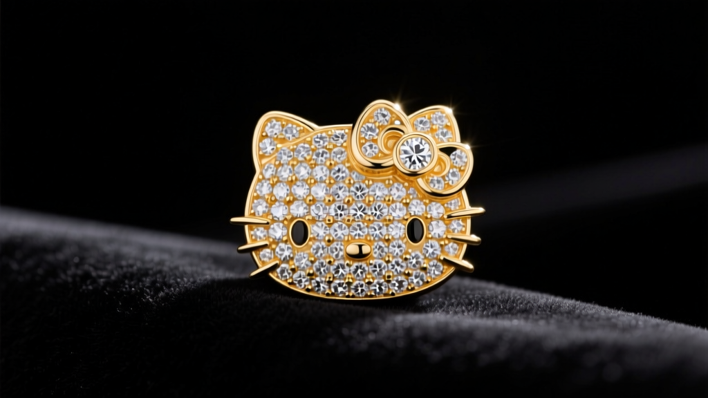 Close-up of an 18k gold Hello Kitty pendant with pavé diamonds resting on dark velvet under soft studio lighting.