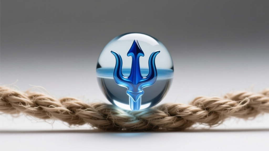 Macro photography of a single lampwork glass bead with a blue trident design resting on raw hemp cord under soft studio lighting.