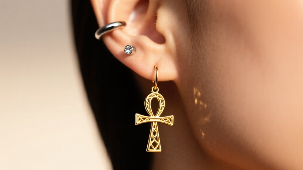 Macro photo of a 14k gold ankh dangle earring in a lobe piercing, paired with tiny titanium helix studs under warm lighting.
