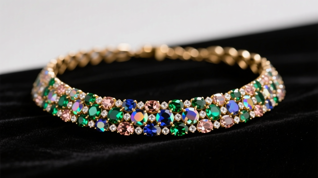 Vintage Weiss gold-tone rhinestone necklace on dark velvet, showing aurora borealis facets under soft studio lighting