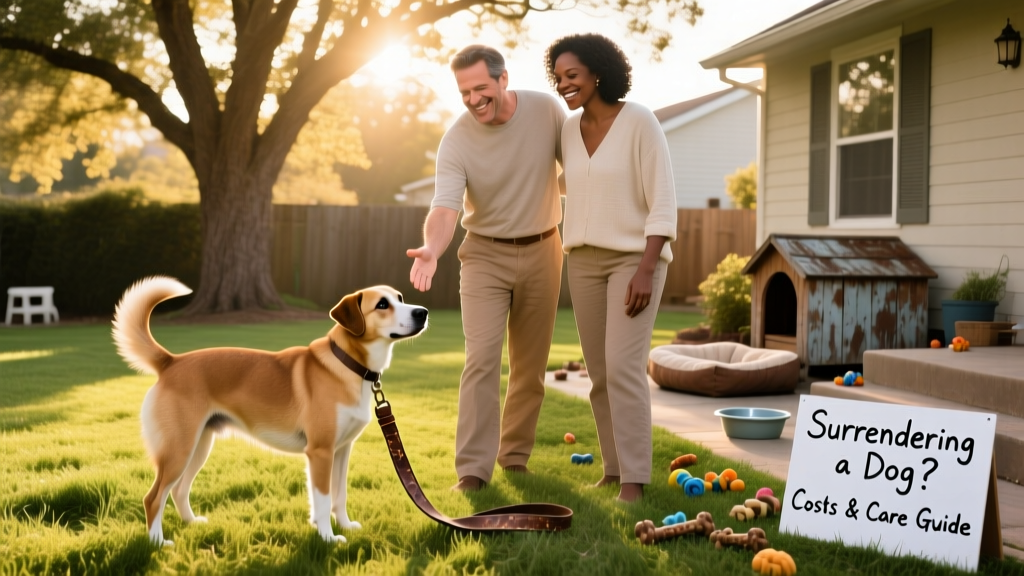 Two people smiling as they meet a gentle, medium-sized dog in a sunlit backyard