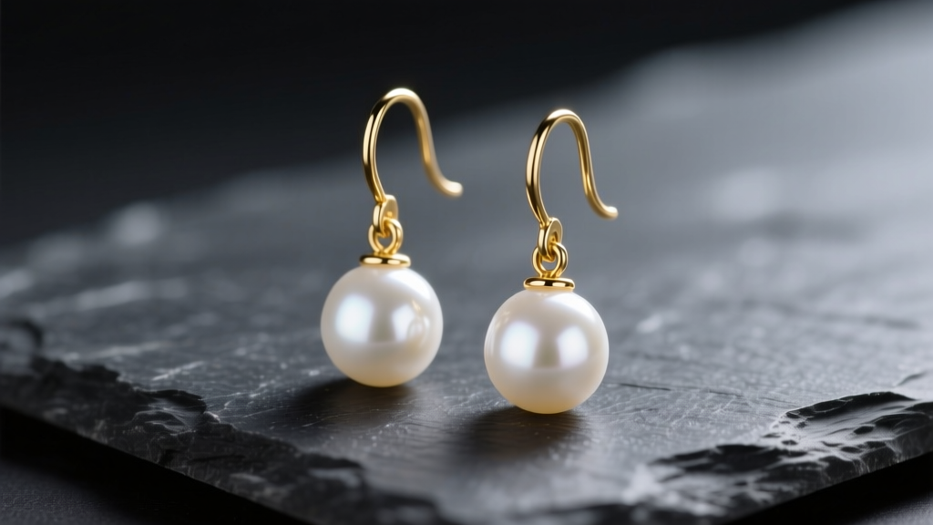 Close-up of 14k gold pearl drop earrings with high-luster white Edison pearls on dark slate, soft studio lighting