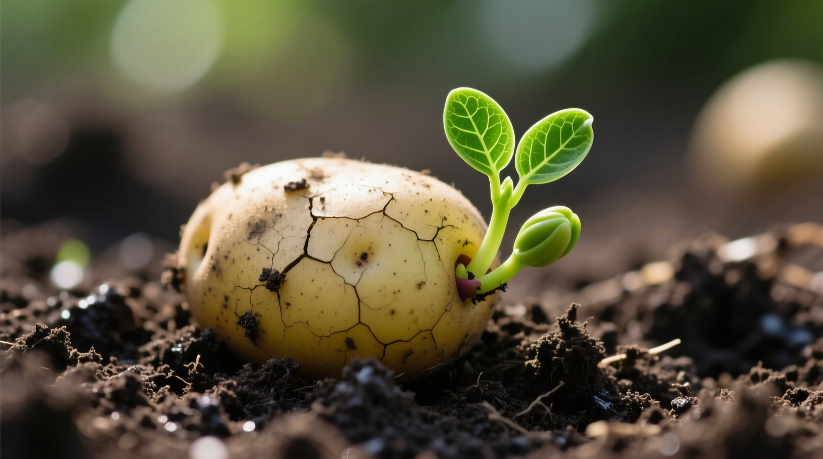 Healthy potato slips showing green sprouts emerging from seed potato