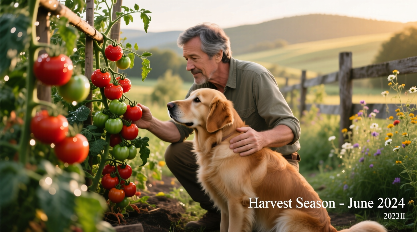 Dog owner checking tomato garden with pet