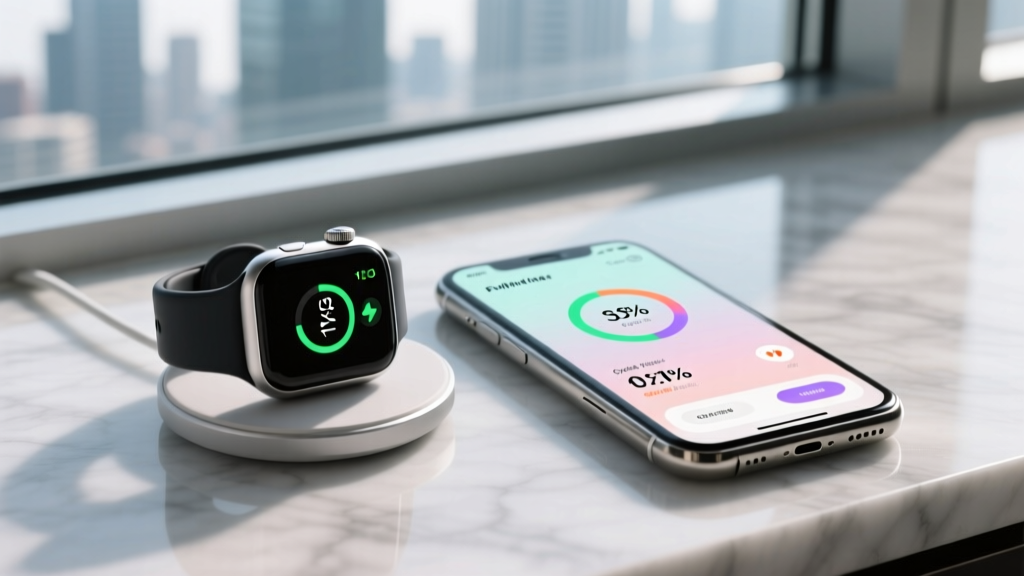 Smartwatch charging on a magnetic puck next to a smartphone displaying the battery health diagnostics and charge cycle count screen.