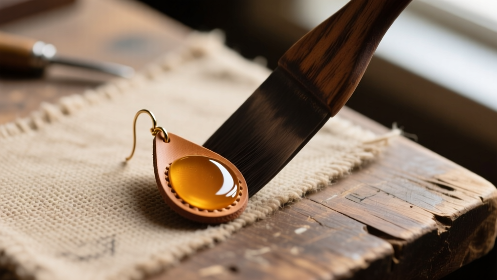 Close-up of a wooden slicker burnishing a teardrop tan leather earring edge with beeswax on a canvas workbench surface