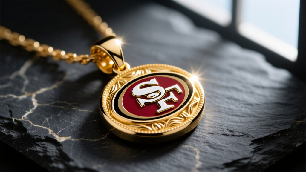 Macro shot of a 14k gold San Francisco 49ers logo pendant on dark slate with dramatic stadium-style rim lighting