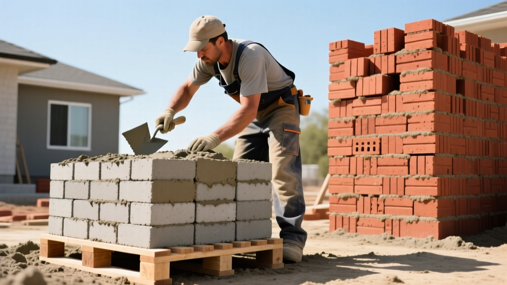 Mason troweling Type S mortar onto a pallet of grey concrete bricks next to a stack of red clay bricks on a residential construction site