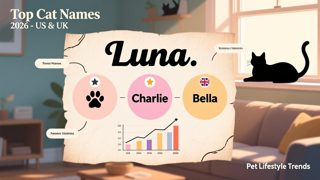 Colorful illustrated chart comparing top cat names across regions, featuring Luna, Charlie, and Bella as central highlights