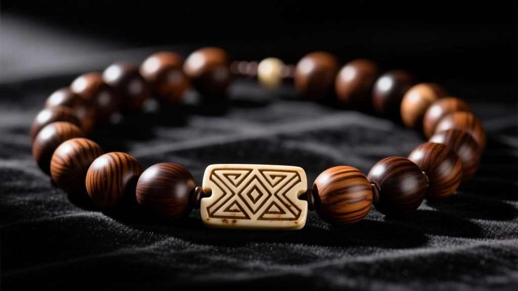 Close-up of a traditional Hawaiian Kukui nut lei necklace with polished dark brown beads and a carved bone clasp on black velvet.