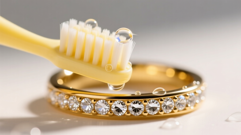 Macro shot of an extra-soft baby toothbrush gently scrubbing the pavé setting of a yellow gold band, with tiny soap suds visible.