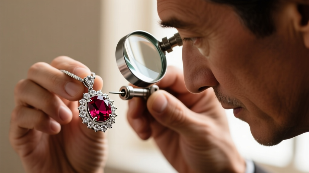 Jeweler inspecting prong tension on a vintage platinum ruby pendant with a loupe, diamond halos visible in soft background