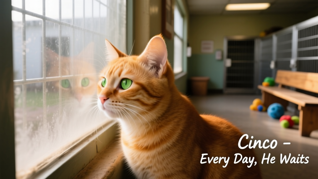 Cinco, an orange tabby cat, pressing his face gently against shelter glass while gazing out