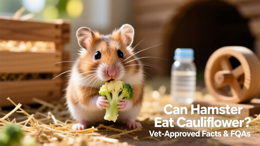 A small Syrian hamster nibbling a tiny piece of raw cauliflower floret