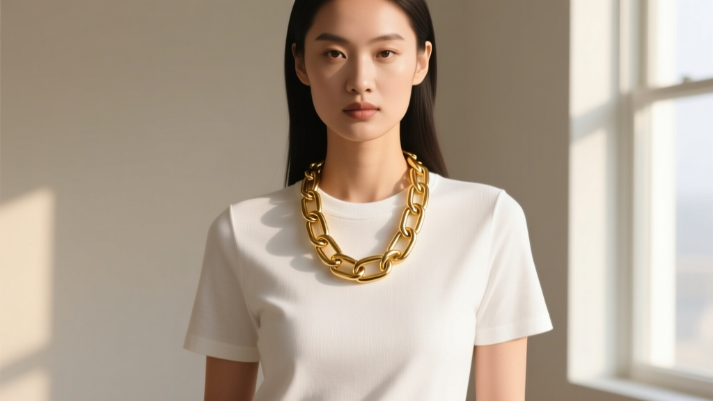 Model wearing a crisp white crewneck t-shirt layered with a chunky 14k gold filled paperclip chain necklace in soft daylight