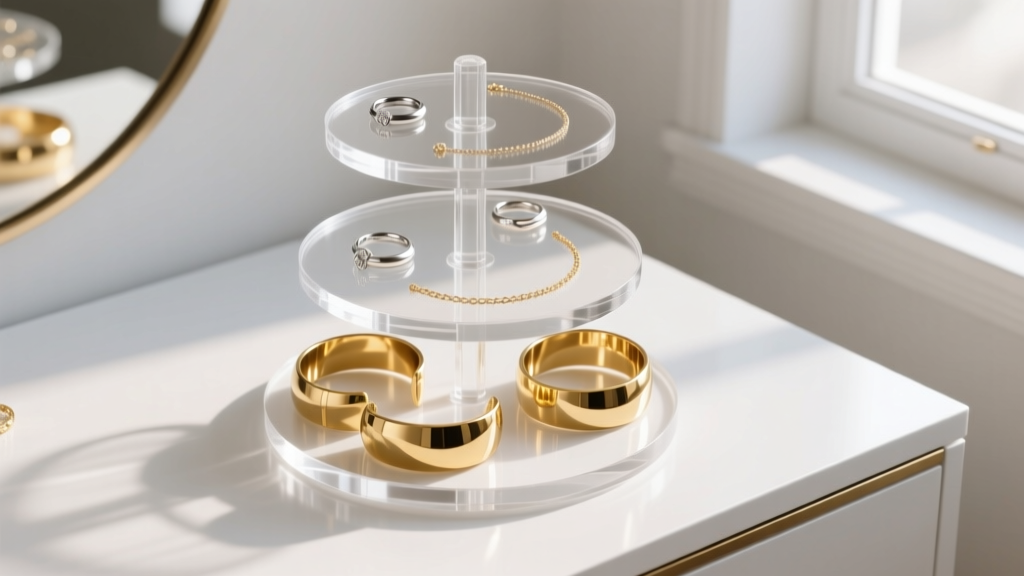 Top view of a three-tier acrylic rotating jewelry organizer on a white vanity, with heavy gold cuffs balanced on the bottom tier