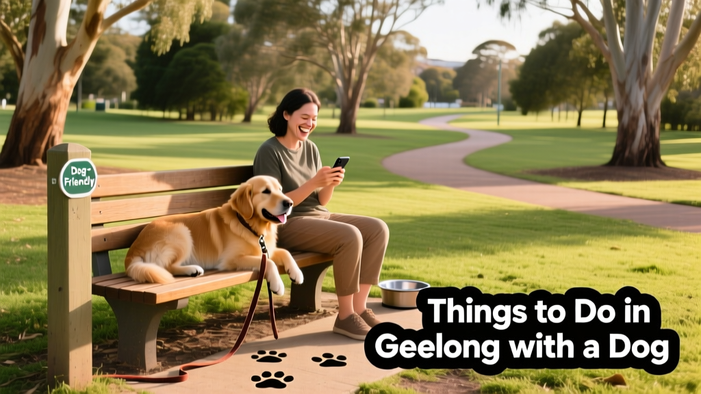 A wooden bench in a dog-friendly park in Geelong, surrounded by greenery and walking paths