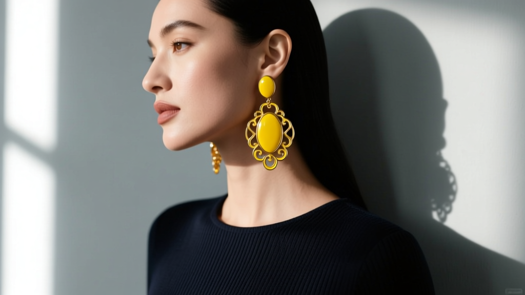 Woman wearing yellow enamel ensaymada dangle earrings against a dark top, lit by soft natural window light from the left side.