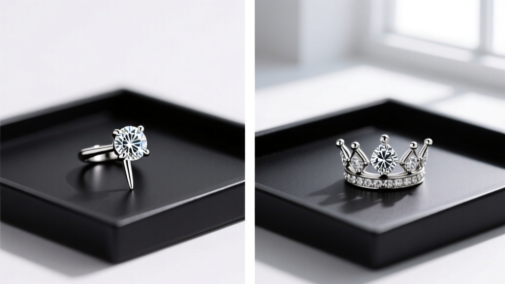 Side-by-side macro comparison of a 3-prong martini setting and a 4-prong crown setting for small diamond studs highlighting prongs