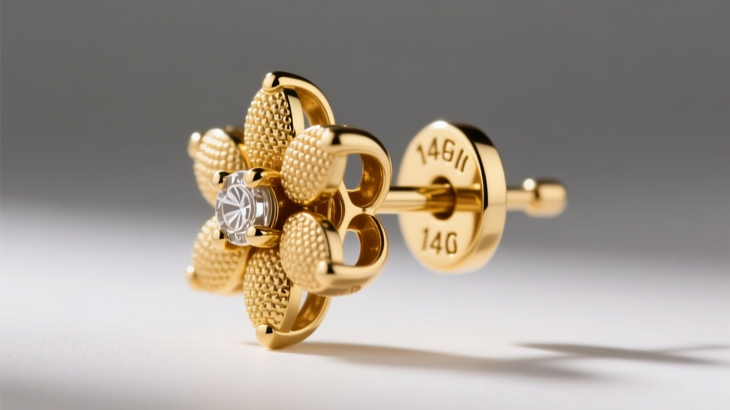 Macro shot of a 14k gold cluster earring post with a jumbo friction backing, showing the metal stamp and secure silicone grip