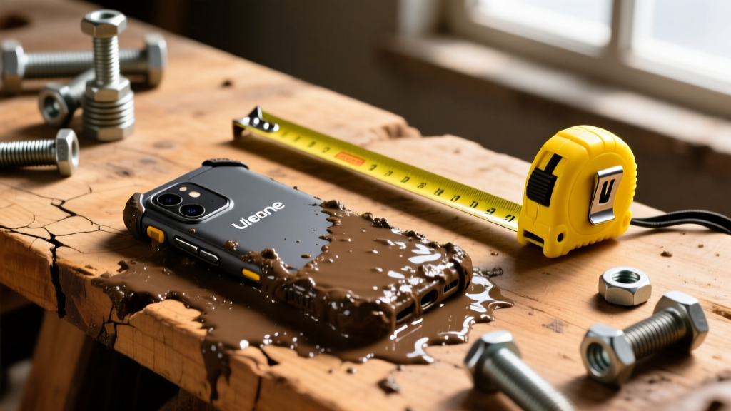 Rugged Ulefone smartphone covered in wet mud resting on a wooden workbench next to a yellow tape measure and heavy steel bolts