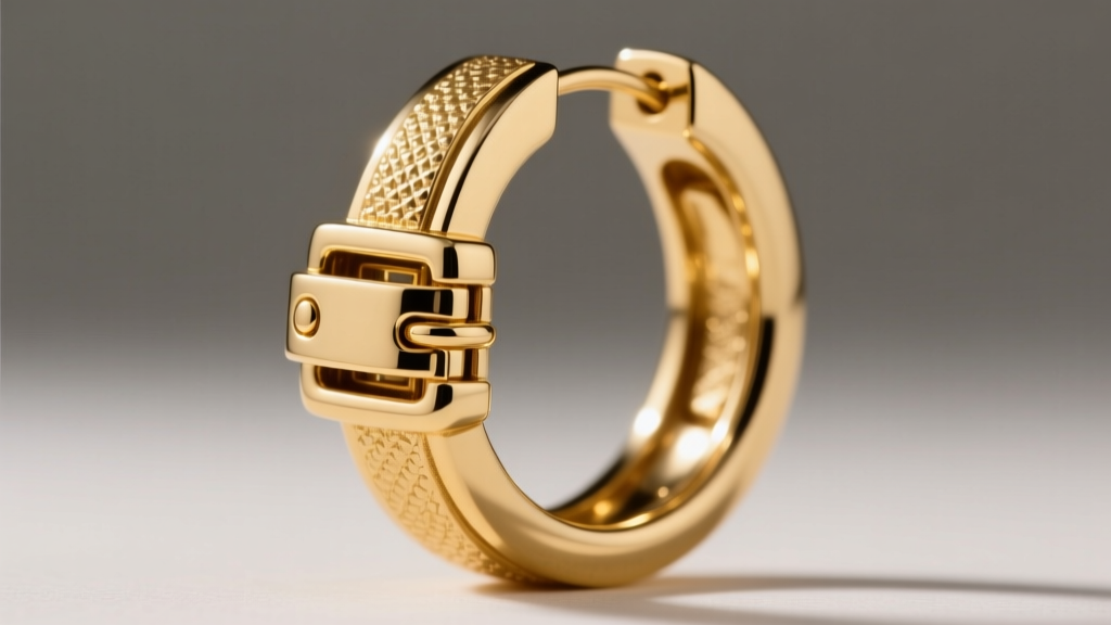 Macro shot of a heavy 16-gauge solid gold saddleback clasp on a large mens hoop earring, showing the secure locking groove