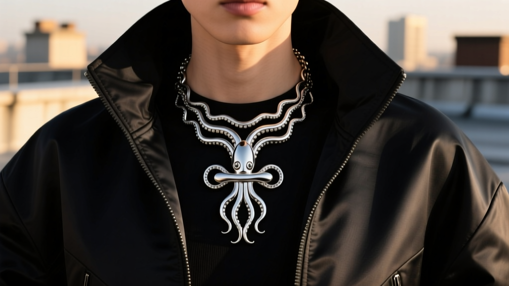 Model wearing a layered squid game cross necklace over a black techwear jacket, highlighting matte metal against dark fabric.