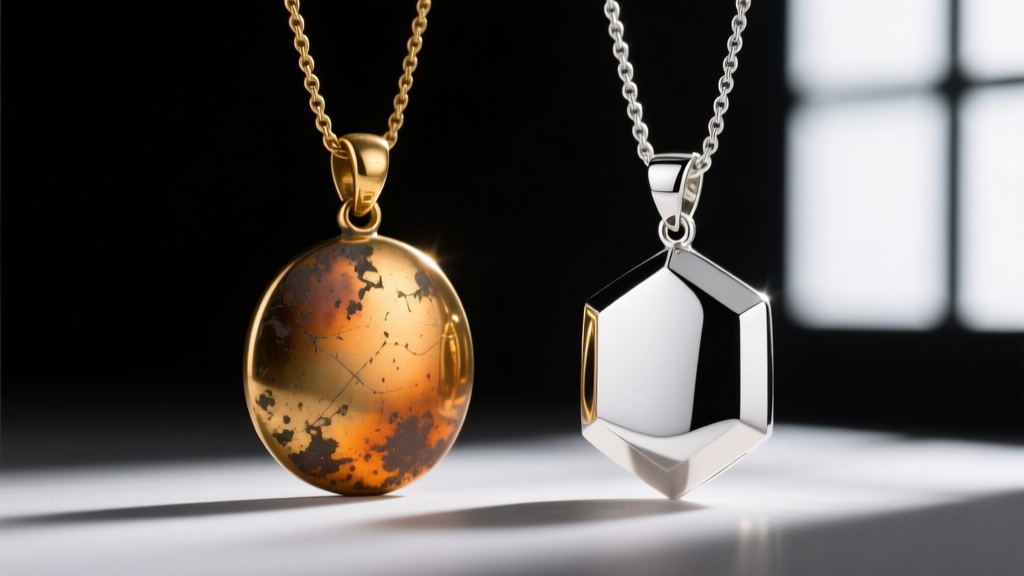 Macro photo comparing a tarnished brass gold-plated pendant to a pristine rhodium-plated sterling silver pendant in studio light