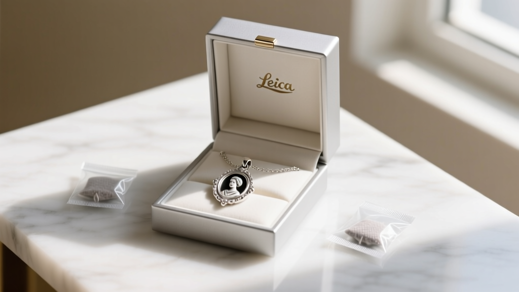 Open anti-tarnish jewelry box holding a silver picture pendant necklace, alongside silica gel packets to prevent moisture damage.