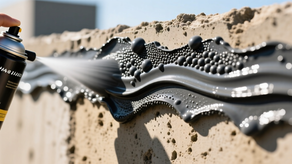 Close-up of textured rubberized waterproofing spray coating applied to a porous concrete foundation wall in bright daylight.