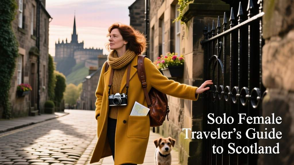 Solo female traveler exploring a sun-dappled cobblestone street in historic Edinburgh, with castle spires visible in the distance