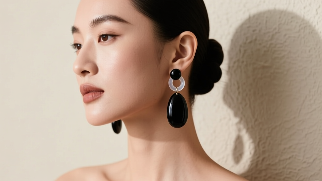 Woman wearing heavy azabache drop earrings secured with clear silicone O-ring backs to prevent earlobe stretching.