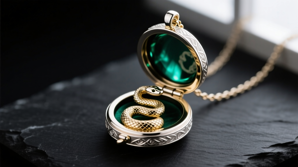 14k white gold Slytherin locket necklace with snake engraving, open to show a hidden compartment against a dark slate background
