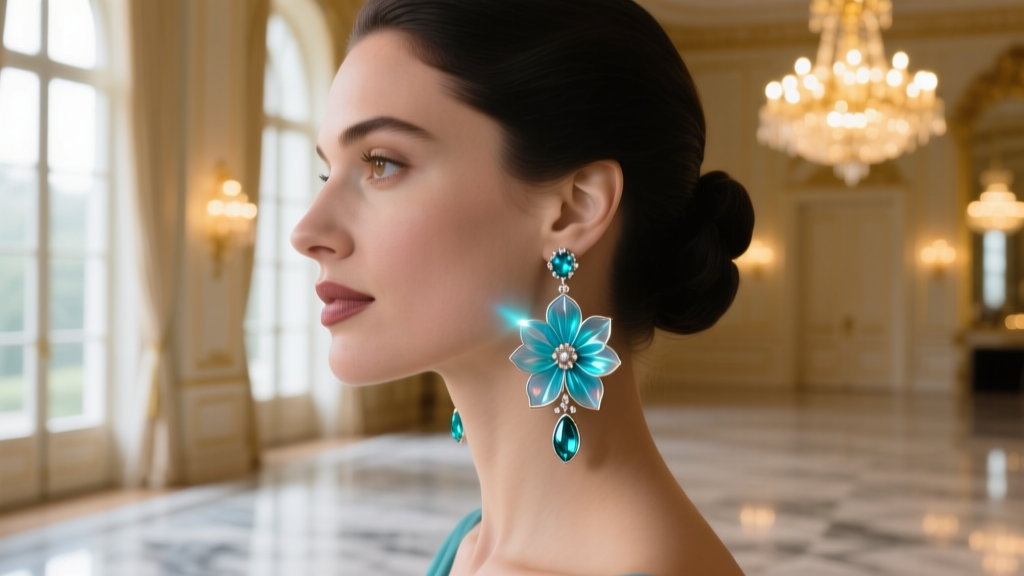 Profile of a woman wearing cascading aquamarine blue floral drop earrings at an evening gala, highlighting her jawline and neck