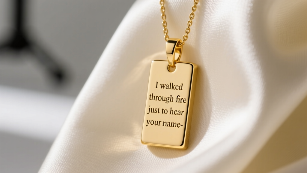 Macro shot of a matte 14k gold bar pendant with fine laser-engraved indie folk lyrics resting on soft ivory silk fabric
